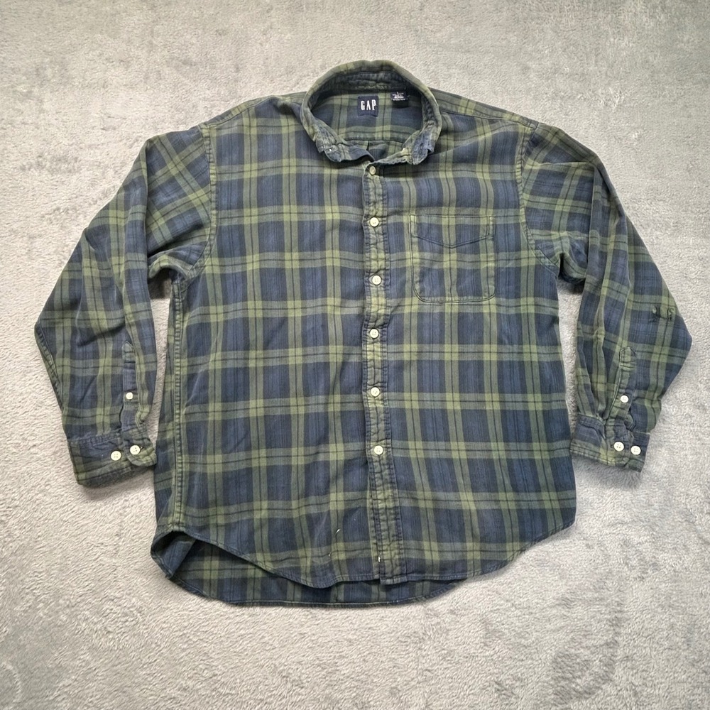 Vintage GAP Flannel Shirt Mens Large Green Blue Plaid Button Front Grunge